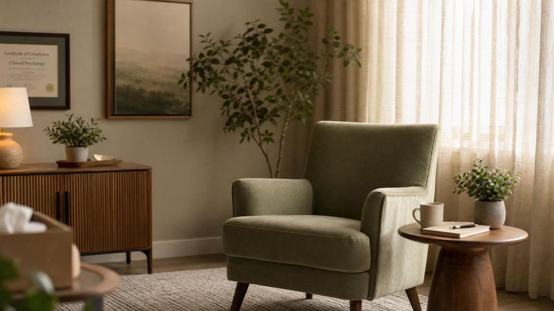A warm, softly lit therapy consultation room, representing professional support for ADHD at work in Ireland