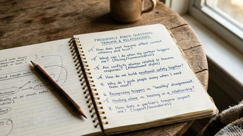 Open notebook with questions and a pencil, representing FAQs about trauma and relationships