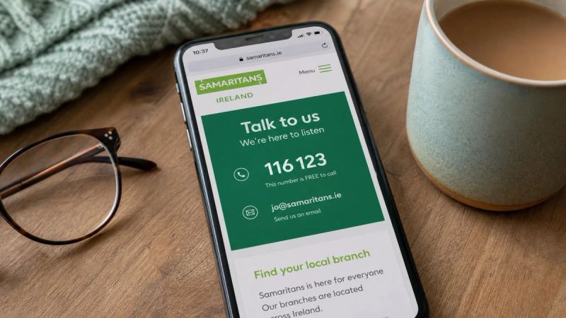 A phone showing the Samaritans Ireland support number next to a cup of tea