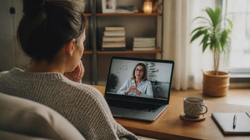 A person using a laptop for an online therapy session at home.