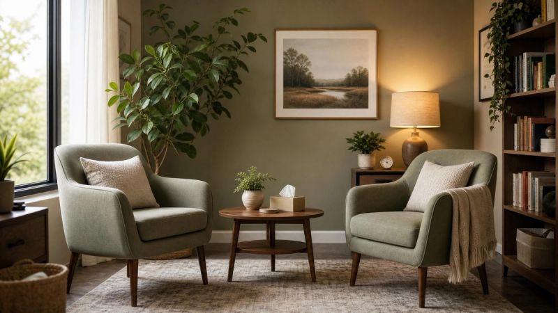 A calm consultation space with two chairs, representing ERP therapy