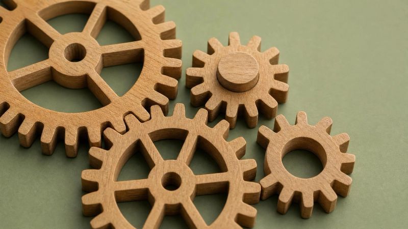 A close-up of interlocking wooden gears, symbolising executive function and how it can feel stuck in adult ADHD.