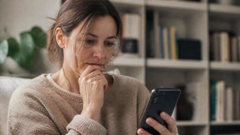 A person holding a phone and reading a list of questions on the screen, thoughtful expression