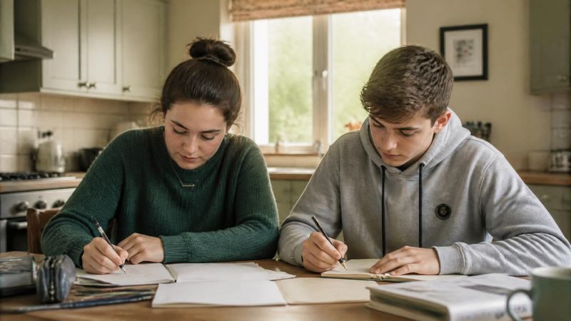 Two young people doing homework together at a kitchen table, representing sibling routines