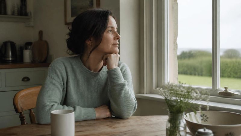 A person sitting alone at a kitchen window in Ireland, reflecting on their situation