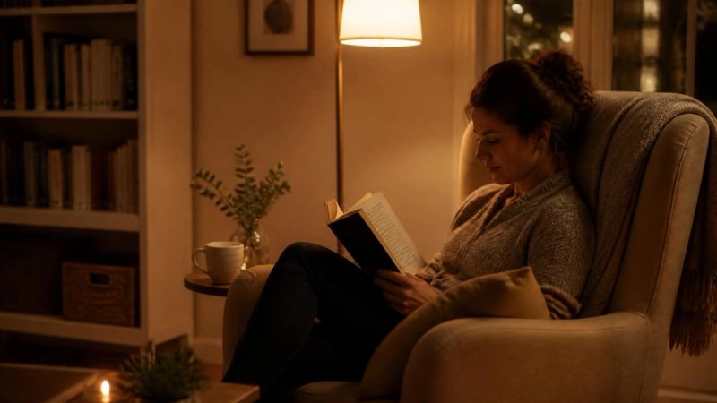 A person reading a book in a comfortable chair in the evening.