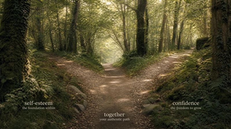 Two paths joining together in an Irish forest, representing how self-esteem and confidence connect