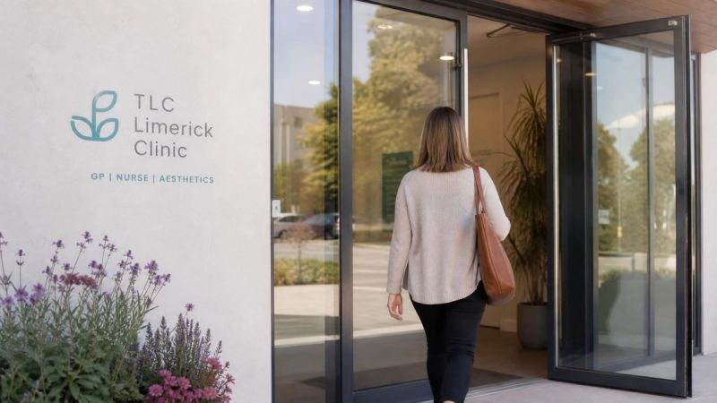 A person walking through the entrance of a modern Irish healthcare clinic on a bright day