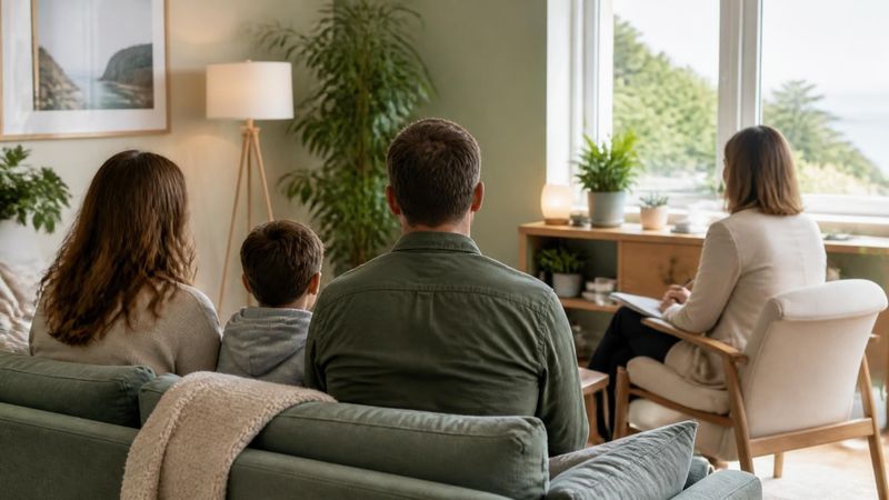 A family talking with a therapist in a bright therapy room