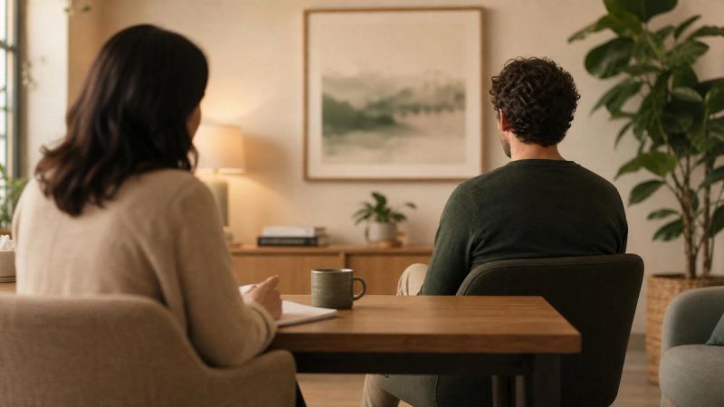 Two people talking softly across a table, representing the support of therapy after a breakup