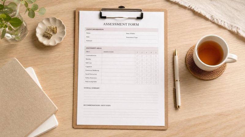 A clipboard with an assessment form and a pen on a calm desk, representing what happens during an adult ADHD assessment.