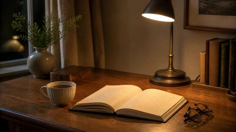 A desk with an open notebook, a lamp and a cup of tea in the evening