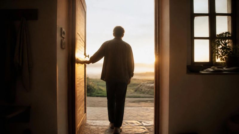 A person standing at an open door looking out at a bright morning, symbolic of taking a first step
