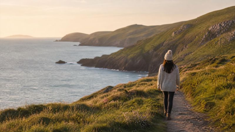 A person walking along a peaceful Irish coastal path at golden hour, representing hope and thriving with ADHD at work