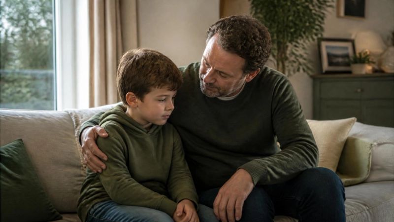 A child and parent sitting together on a sofa, suggesting how fears can be learned within families