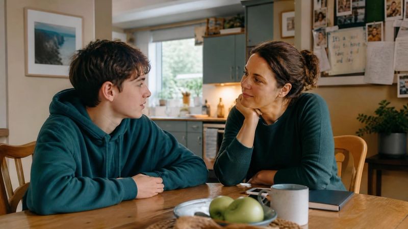 A parent and teenager having a calm conversation at a kitchen table