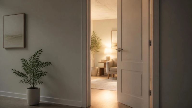 A calm GP office or therapy room door slightly open