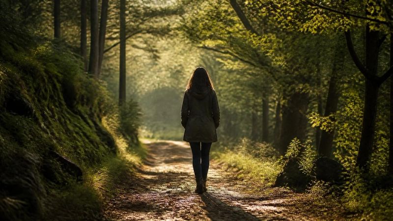 A woman walking alone on a forest path, representing identity changes during perimenopause