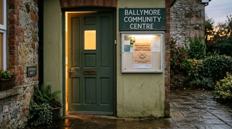 Community centre door with warm light, symbolising low-cost therapy options
