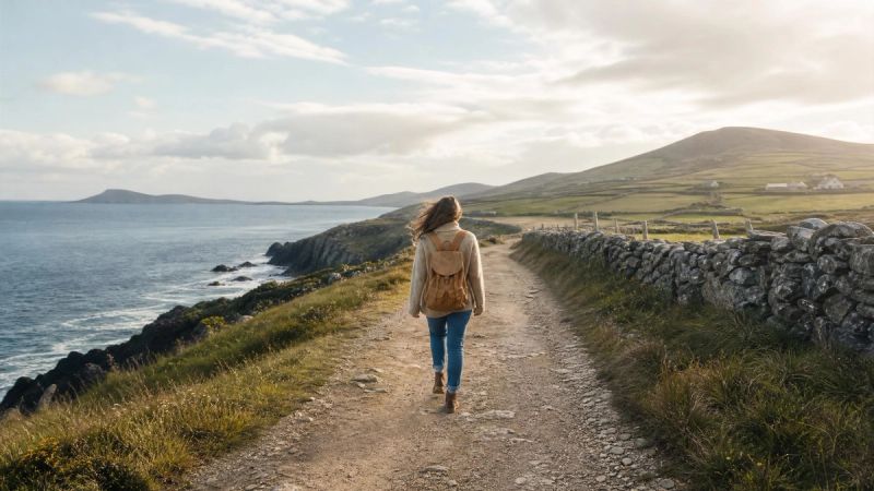 A person walking confidently along an open coastal path in Ireland, representing freedom from the OCD cycle through ERP