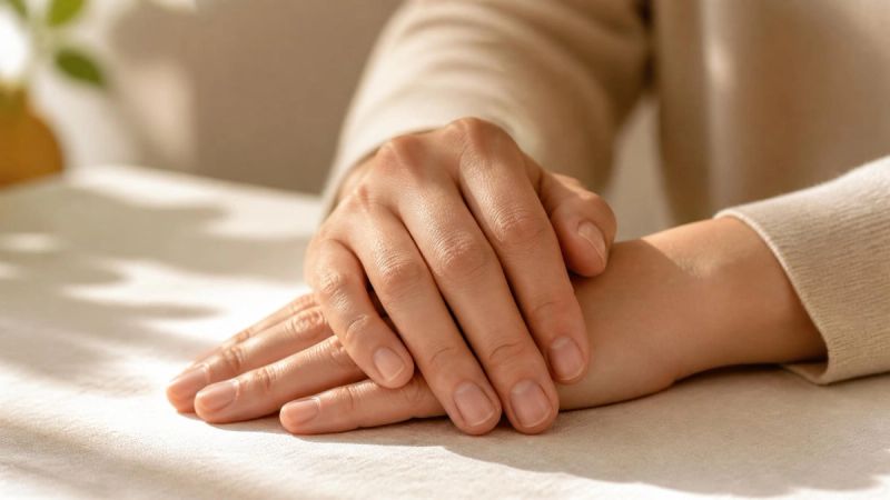A peaceful close-up of hands resting calmly, representing relaxation and anger management techniques
