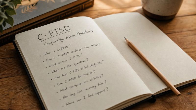 Open notebook with questions and a pencil, representing frequently asked questions about complex PTSD