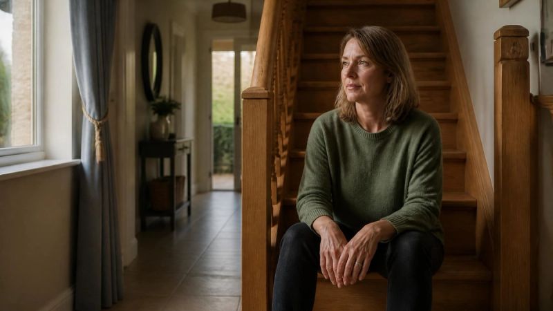 A person sitting alone on the stairs of a quiet Irish home, absorbing the end of a relationship they did not choose