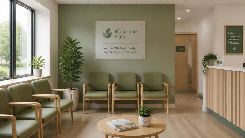 A modern Irish GP surgery or healthcare waiting area, calm and welcoming