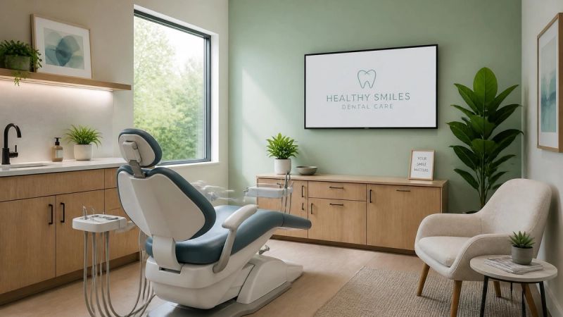 A calm dental consultation room with a dental chair and soft light, representing a supportive dental environment