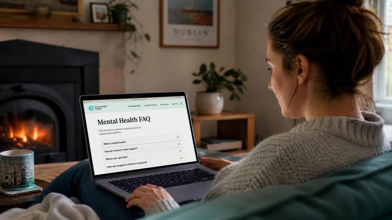 A person reading a mental health FAQ on a laptop