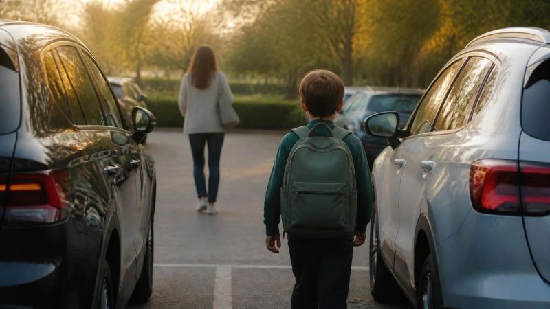 A child walking between two parked cars towards a waiting parent in a car park