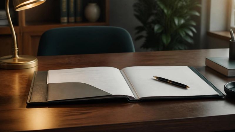 A wooden desk with an open folder of legal documents, a pen and a lamp