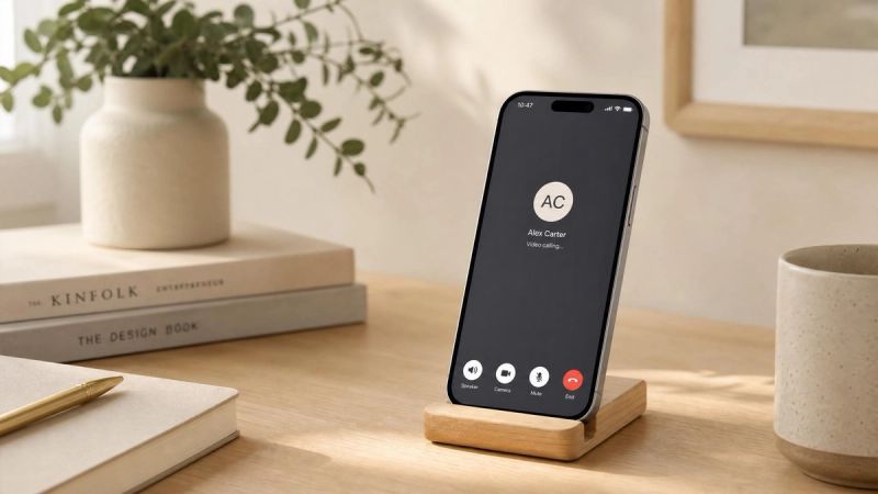 A smartphone displaying a video call interface on a clean desk, representing starting therapy online