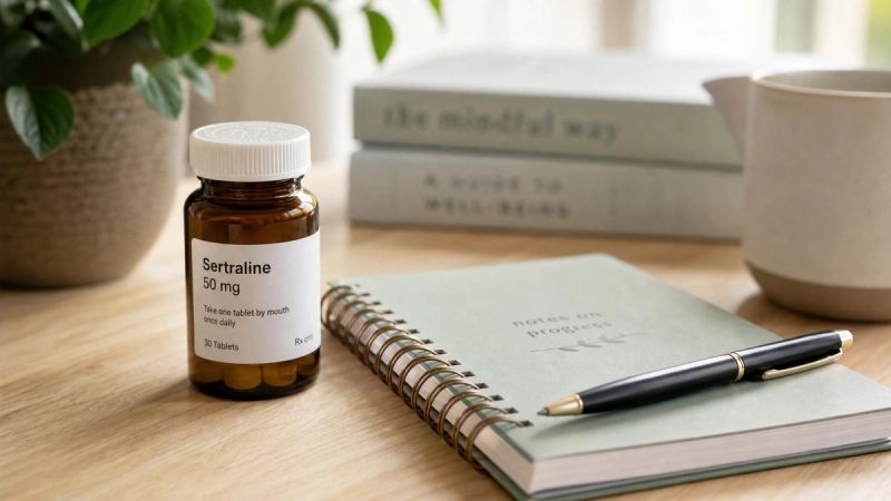 A small bottle of medication beside a notebook and pen on a calm desk, representing treatment options