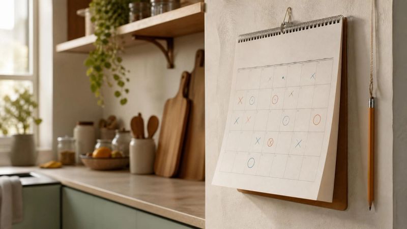 A wall calendar with dates marked in two colours on a kitchen wall