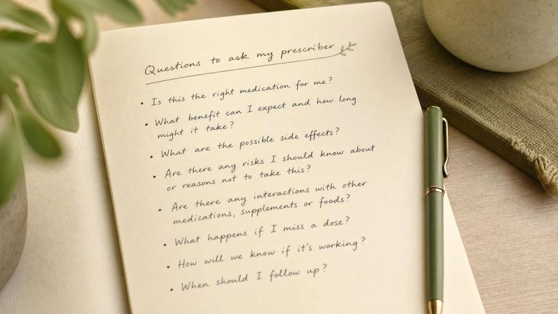A handwritten list of questions on cream paper with a pen