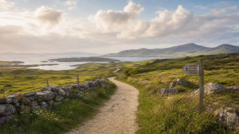 An open path through a green Irish landscape under soft clouds, representing language, stigma, and hope around ADHD