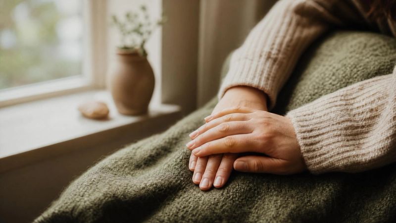 Two hands resting gently on a wool blanket near a window, symbolising support and self-compassion in C-PTSD recovery