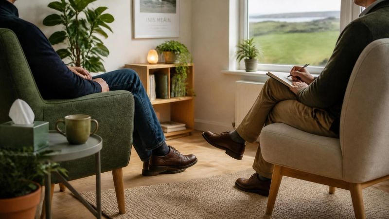 A male therapist and male client talking in a therapy room