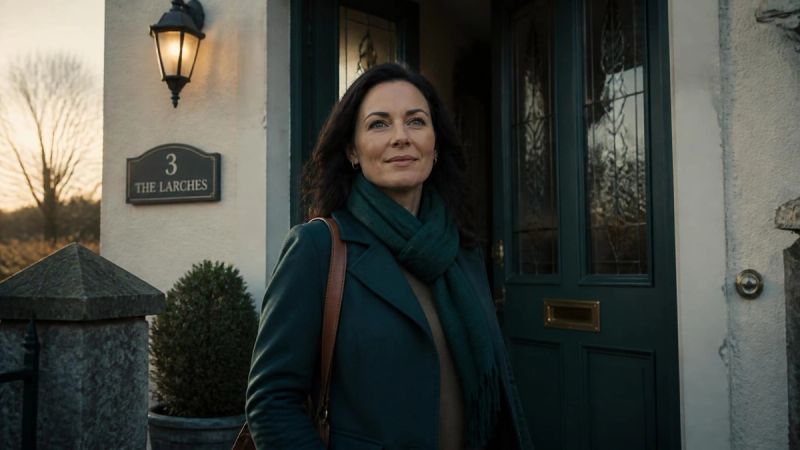 A person standing at a front door in soft morning light, looking ahead calmly