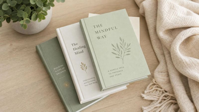 A small stack of books with calming covers and a soft blanket, representing related reading