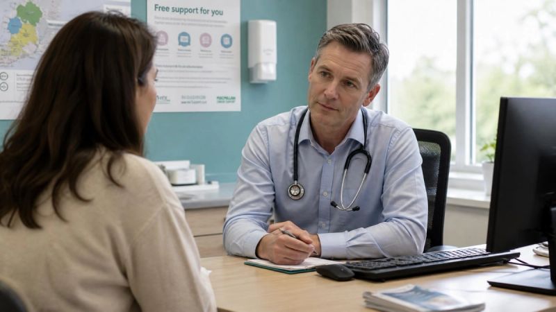 A person talking to a GP in a bright Irish doctor's office about anxiety symptoms