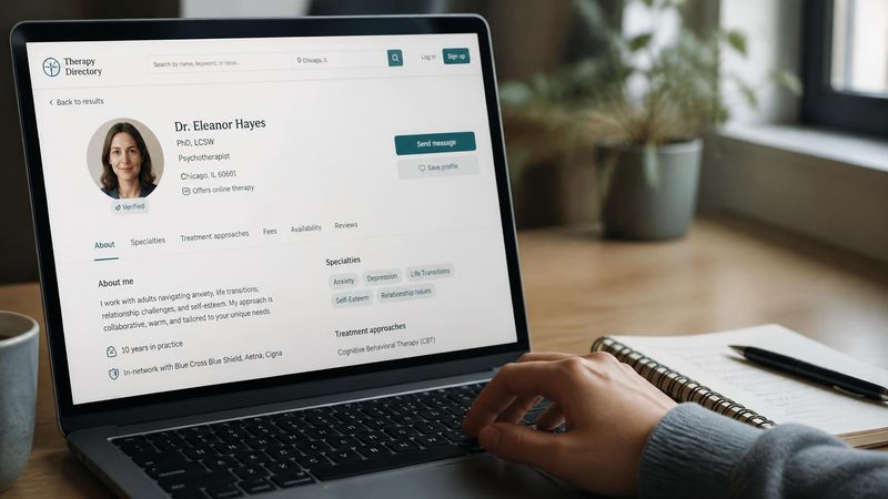 A person reading a therapist profile on a laptop, checking accreditation and experience
