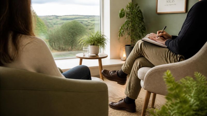 A therapist and client talking in a bright modern therapy room