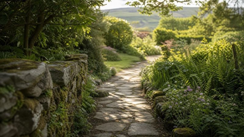 A peaceful Irish garden path with sunlight, representing the gradual move away from perfectionism
