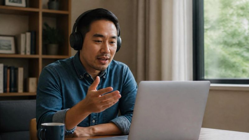A person wearing headphones and talking during a video call from a quiet home office