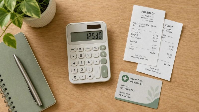 A small calculator, receipts, and a medical card on a desk, representing the cost of ADHD medication in Ireland.
