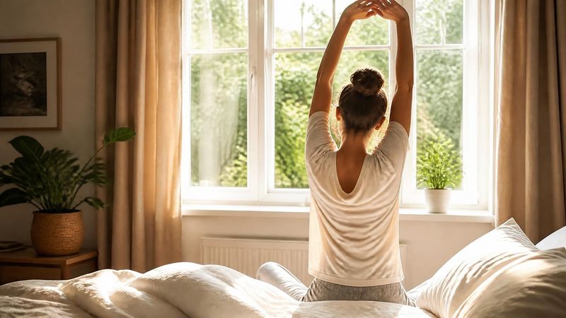 A person stretching in the morning light by a window.