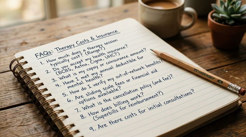 Notebook with questions, representing FAQs about therapy costs