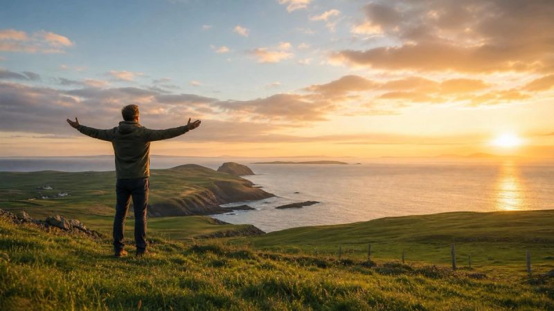 Person standing on a grassy hill overlooking a calm Irish coastline at golden hour